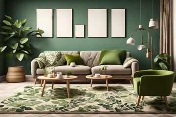 Warm and cozy living room interior with mock up poster frame, modern sofa, vase with plant, patterned carpet and personal accessories