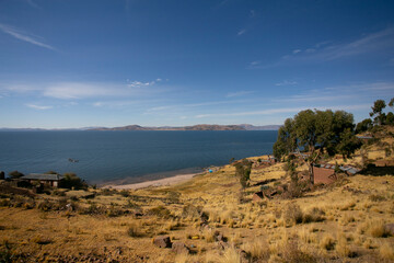Views of Lake Titicaca from the Llachón Peninsula in Peru.