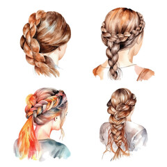 Braids female hairstyle watercolor paint collection.