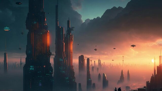 futuristic city concept. cyberpunk wide shot with skyscrapers, autonomous flying machine at evening time with sunset view