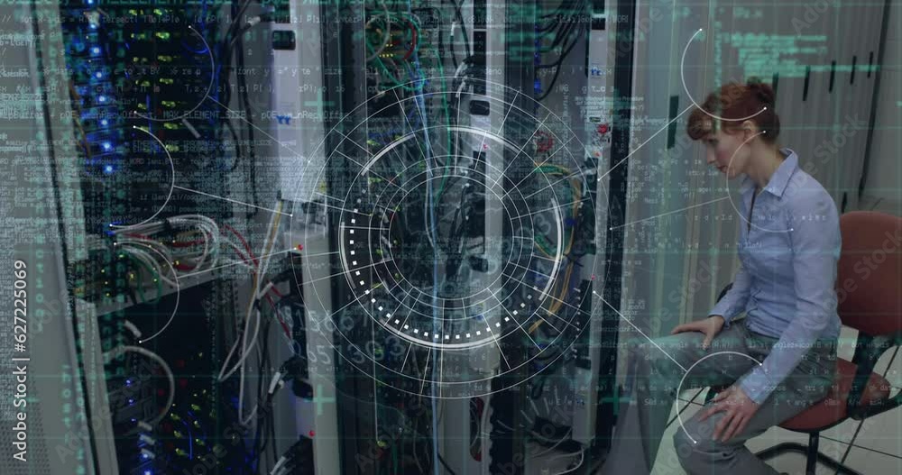 Poster animation of scope scanning and data processing over caucasian female technician