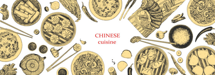 Chinese Restaurant Menu. Hand-drawn illustration of dishes and products. Ink. Vector