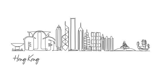 Continuous one line drawing of Hong Hongkong. Vector illustration for travel and tourim destination design concept