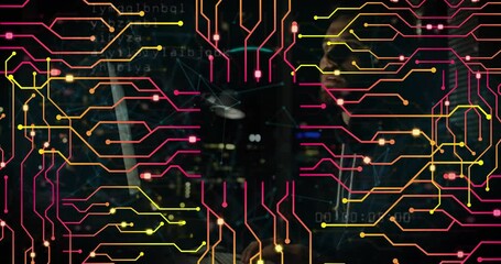 Animation of biometric fingerprint, circuit board, data processing over caucasian male technician - Powered by Adobe