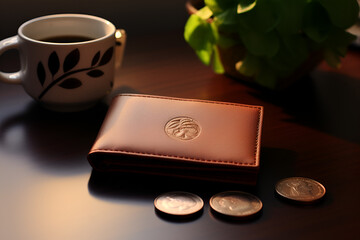 men's wallet next to coffee cup