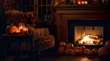 Cozy halloween aesthetic room, fireplace and pumpkins
