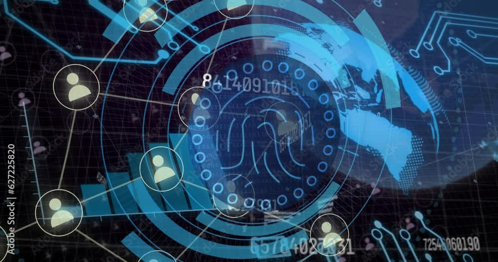 Poster animation of biometric fingerprint, binary coding and data processing over scope