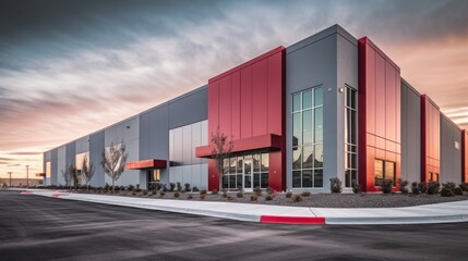 Realistic render of large logistic business transport warehouse dock station. Factory and transport house. Commercial office building.	