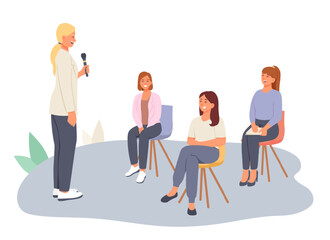 Speaker holding microphone and talking to females. Conference for different workers. Project presentation, collective meeting. Vector flat illustration in cartoon style