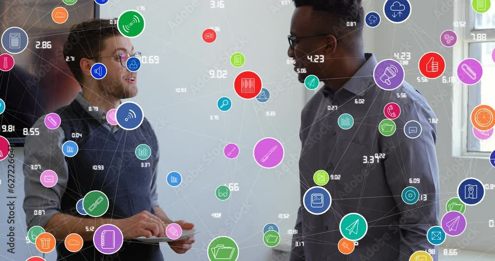 Poster animation of data processing and netwrok of connections over diverse businessmen talking