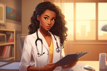 African american female doctor with stethoscope holding clipboard in office.   - obrazy, fototapety, plakaty