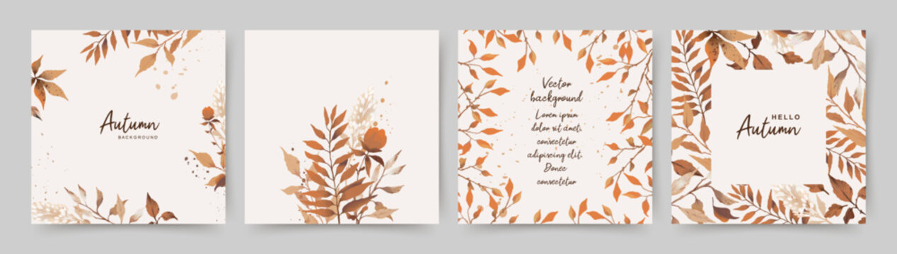 Autumn square backgrounds with watercolor leaves and flowers. Frame with Fall floral elements. Vector template for card, banner, invitation, social media post, poster, mobile apps, web ads