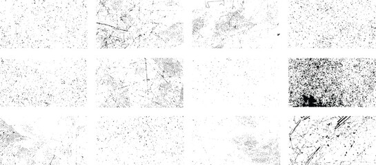 Overlay textures set stamp with grunge effect. Old damage Dirty grainy and scratches. Set of different distressed black grain texture. Distress overlay vector textures.	