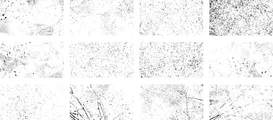 Overlay textures set stamp with grunge effect. Old damage Dirty grainy and scratches. Set of different distressed black grain texture. Distress overlay vector textures.	 - obrazy, fototapety, plakaty