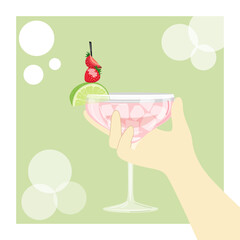Vector illustration of a hand holding a summer pink cocktail on a green background. Summer card, banner, illustration for prints.