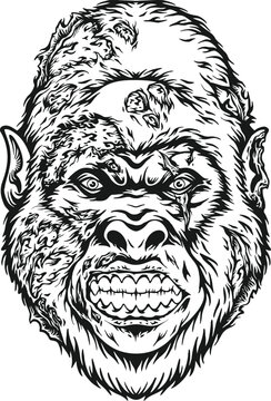 Mysterious horror zombie gorilla head monochrome vector illustrations for your work logo, merchandise t-shirt, stickers and label designs, poster, greeting cards advertising business company