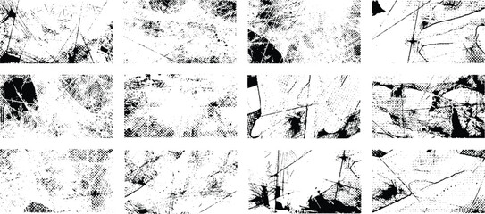 Overlay textures set stamp with grunge effect. Old damage Dirty grainy and scratches. Set of different distressed black grain texture. Distress overlay vector textures.	