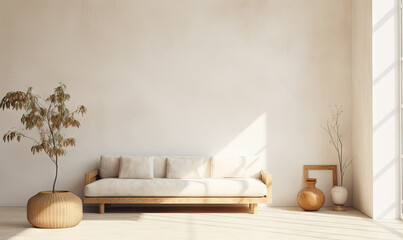 Fototapeta na wymiar Japanese modern living room in light brown tones. Modern minimalist interior. Background with contemporary design. Modern interior design. 3D render, generative ai.