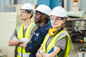 Professional engineer team full skill quality for maintenance service and training in industry worker, warehouse workshop for mechanical engineering factory operators, machinery production teamwork