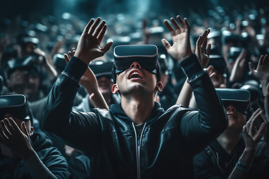 man in the crown at a concert wearing a virtual reality headset