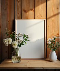 empty photograph frame on wooden floor mock up