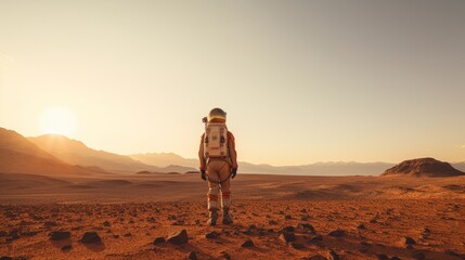 Female astronaut in a space suit walking on Mars or other red sandy planet. Sci-Fi Space Travel Concept.