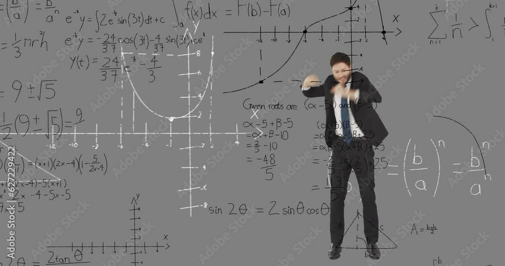 Poster animation of mathematical data processing over caucasian businessman