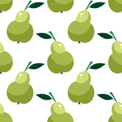 Vector cartoon pattern of whole green pears with leaves on white background