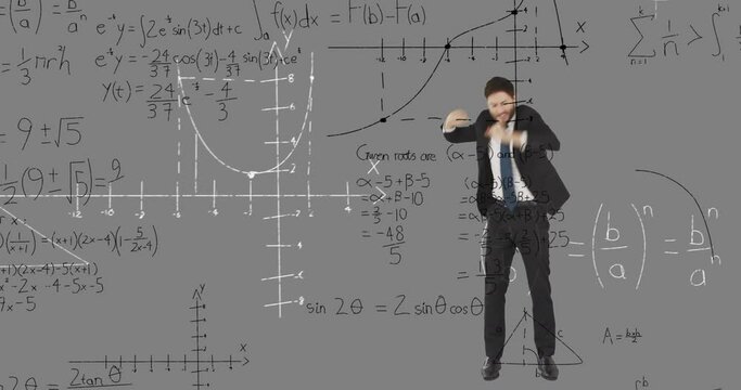 Animation of mathematical data processing over caucasian businessman