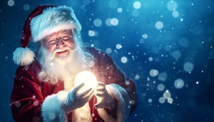 Happy Santa Claus holding glowing Christmas ball over defocused blue background