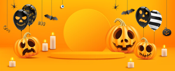Podium or scene and orange cartoon character, holiday halloween pumpkins, with joyful smiling emotions, jack o lanterns, balloon, candle for party.