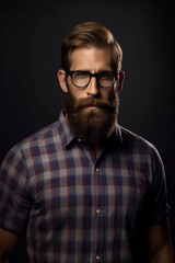 Obraz premium Waist portrait of a man in spectacles with stylish hair and beard in a checkered shirt. Generative AI technology created.
