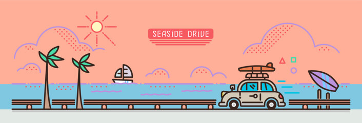 海沿いを走る車のイラスト ベージュの車 © mycket