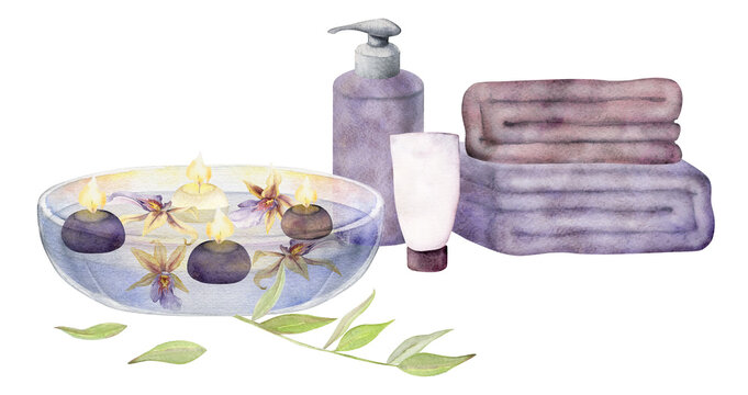 Hand drawn watercolor spa and bath beauty products accessories floating candles. Horizontal composition. Isolated on white background. Design for wellness resort, print, fabric, cover, card, booklet.