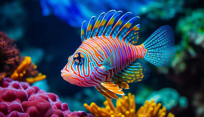colorful exotic fish close up among coral reef underwater world made with Generative AI