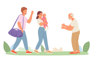 Naklejka premium Happy woman and man with baby meet granddaddy outside. Happy family meet outside. Grandfather smiling to grandchild. Flat vector illustration in cartoon style