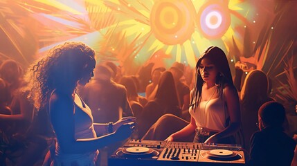 Young DJ women playing music at LATIN Party.