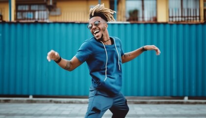 Young man with blue dreadlocks dancing reggae in the street