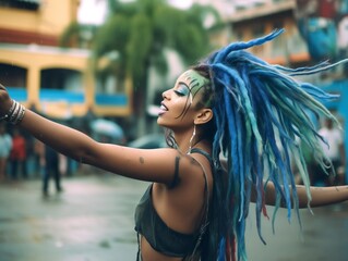 Young woman with blue dreadlocks dancing reggae on the street