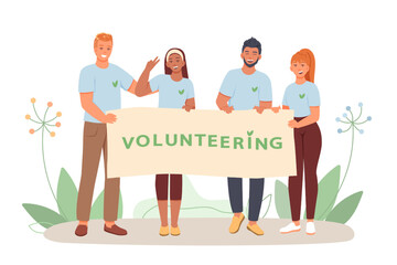 Couples holding poster with slogan, ready to help people. Happy volunteers working together. Help and care for people in need concept. Flat vector illustration in cartoon style