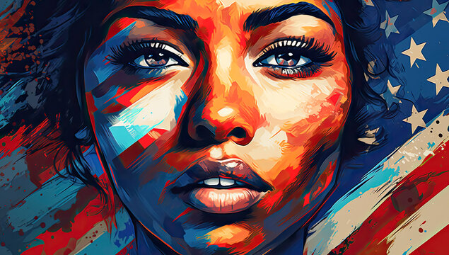 Illustration portrait of young woman in American vintage flag style.