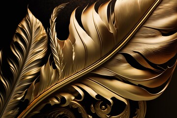 Detailed view of a golden feather creating an opulent and expensive backdrop. Generative AI