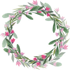 Vector wreath with flowers. Elegant floral collection with isolated pink and purple flowers and green brunches with leaves. Design for invitation, wedding or greeting cards.