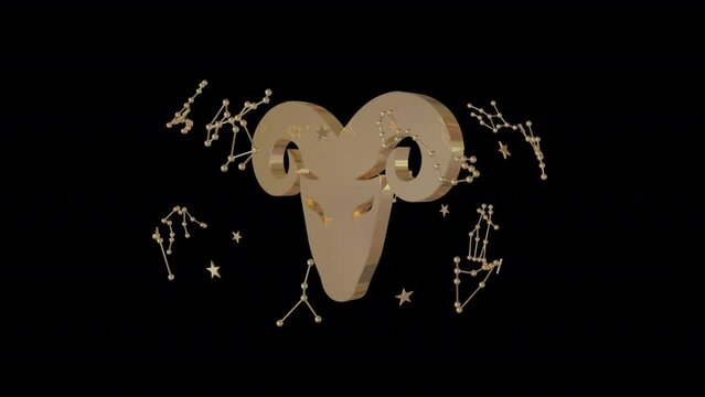 Zodiac sign Aries, 3D animation on a transparent alpha channel background on a seamless loop