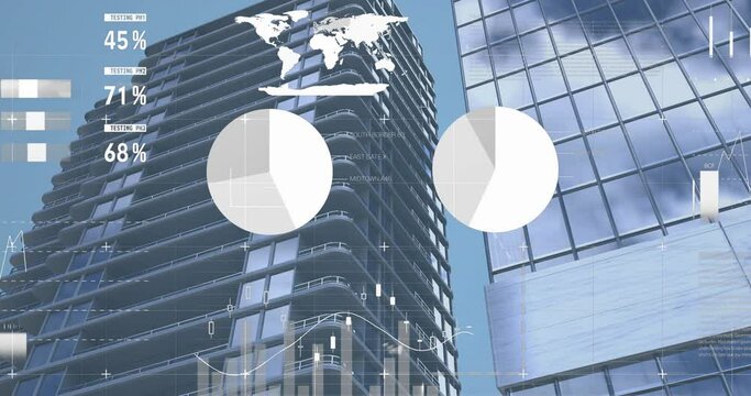 Animation of financial data processing over modern buildings
