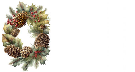 Fototapeta premium christmas wreath with red ribbon, pine cones and Happy christmas. Xmas card for season greetings. Isolated on white.
