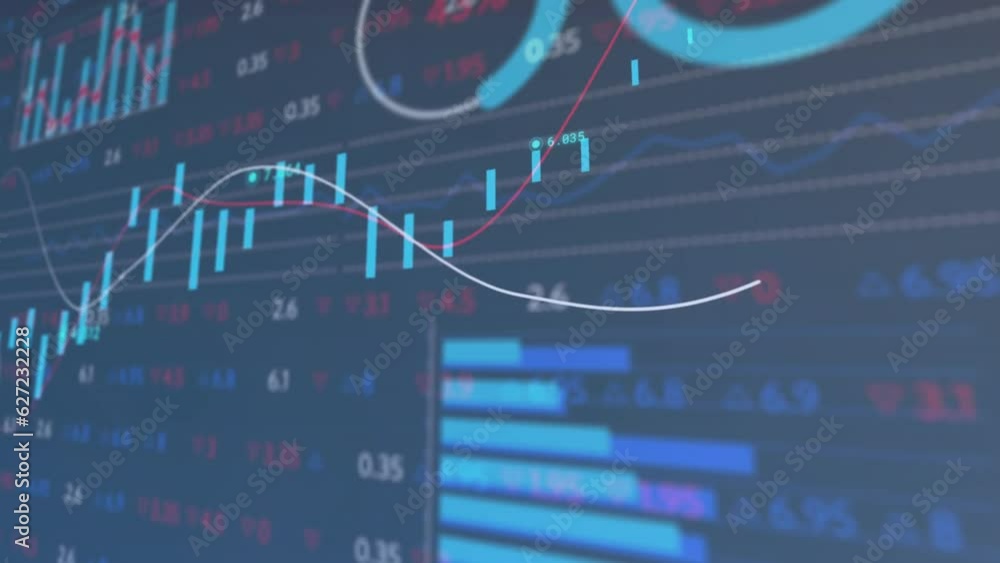 Poster animation of financial data processing over blue background