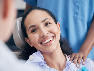 Dentist, healthcare and woman with a smile, checkup and teeth with oral hygiene, treatment and...