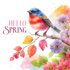 Hello Spring Beautiful bird watercolor paint 