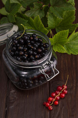 black currant and red currant on a wooden background.